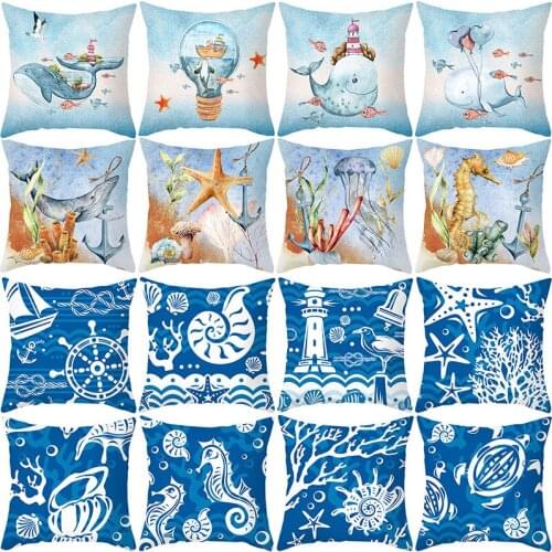 45*45cm Blue Summer Marine Life Peach Skin Pillowcase Nordic Sofa Cushion Cover Without Filling Square Outdoor Chairs Decorative
