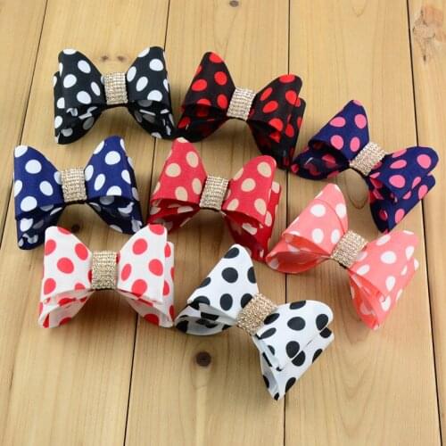 60pcs/lot 3.2" Newborn Luxe Dot Hair Bows 8colors Handmade Hard Satin Bowknot with rhinestone button girls Hair Accessories