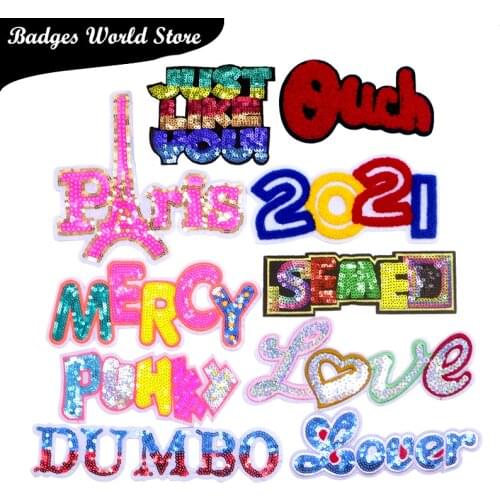 Shiny Words Love Sequins Letter Chenille Icon Towel Embroidery Applique Patches For Clothing DIY Sew up Badges on the Backpack
