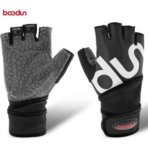 Boodun New Gym Fitness Gloves Men Women Extended Wristband Design Black Bodybuilding Weightlifting Fingerless Mittens AGB579