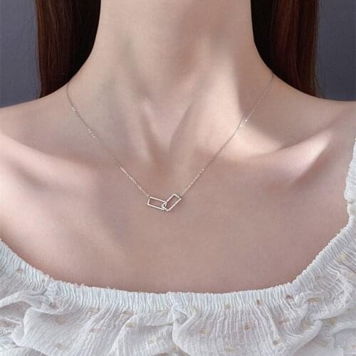 925 sterling silver jewelry with geometric square double ring interlocking silver necklace simple clavicle chain for female