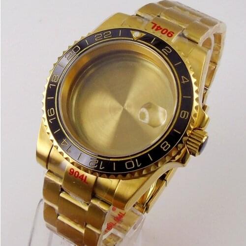 40mm Watch Case Glide Lock Oyster Bracelet Gold Insert Sapphire Glass Fit NH35A NH36A ETA2836 MIYOTA DG Yellow Gold Plated