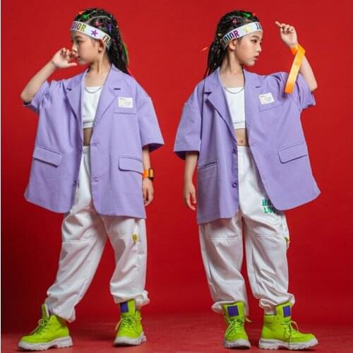 Kids Hip Hop Clothing Purple Blazer White Tube Top T Shirt Streetwear Pants For Girl Boys Jazz Dance Wear Costume Clothes Set