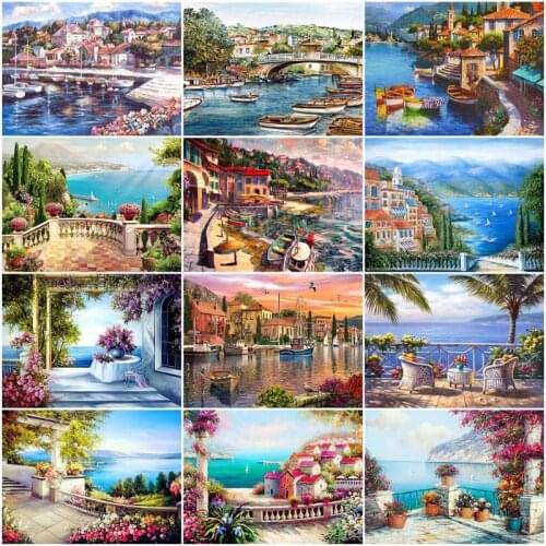 CHENISTORY Oil Painting By Numbers Seaside House Acrylic Drawing Canvas Mountain Picture For Adults Home Decoration Gift