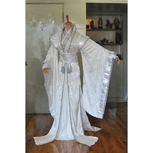 Chinese Costume Men Silver White Wide Sleeve Male Costume Hanfu for Men TV Play Costume Stage Performance or Photography