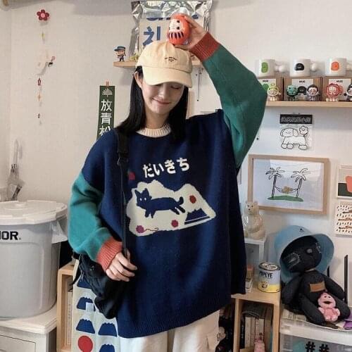 Harajuku cute kitten pullover sweater womens O-neck knitted pullover for autumn and winter seasons Korea oversize ins