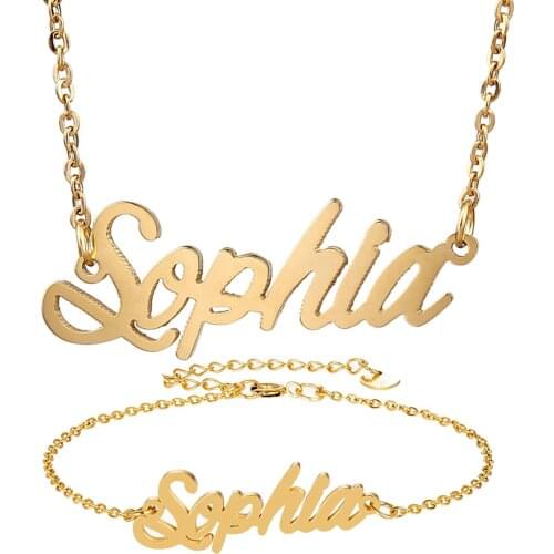 Fashion Stainless Steel Name Necklace Bracelet Set " Sophia " Script Letter Gold Choker Chain Necklace Pendant Nameplate Gift