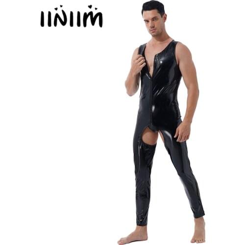 Iiniim Mens Wet Look Leather Lingerie Bodysuit Sleeveless Back Zipper Crotchless Sissy Clubwear Costume for Evening Party
