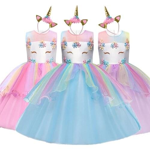 Fancy Appliques Flower Unicorn Costume Kids Dresses for Girls Halloween Carnival Princess Dress up Birthday Party Girls Clothes