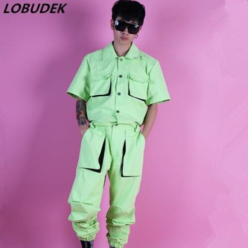 New Design Men Light Green Overalls Jumpsuit Tide Male Fashion Loose Cargo Pants Hip Hop Stage Costume Rock Singer Dancer Show