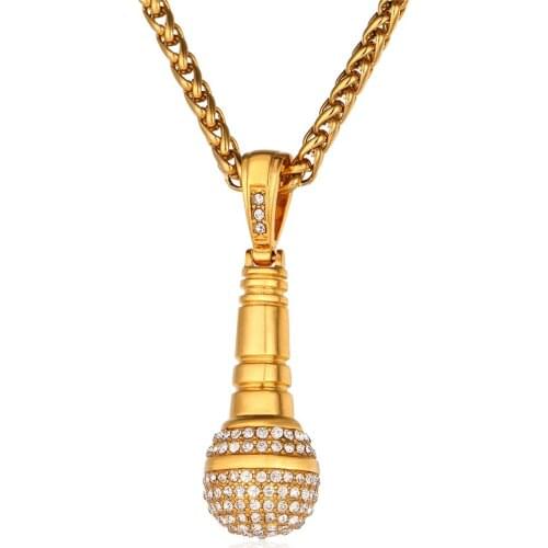 Collare Ice Out Microphone Pendant Gold Color Rhinestone Rapper Stainless Steel Necklace Hip hop Men Jewelry P105