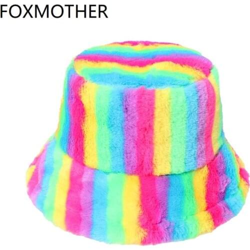 FOXMOTHER New Outdoor Faux Fur Multicolor Rainbow Striped Bucket Hats Women Soft Warm Gorros Mujer Winter 2021
