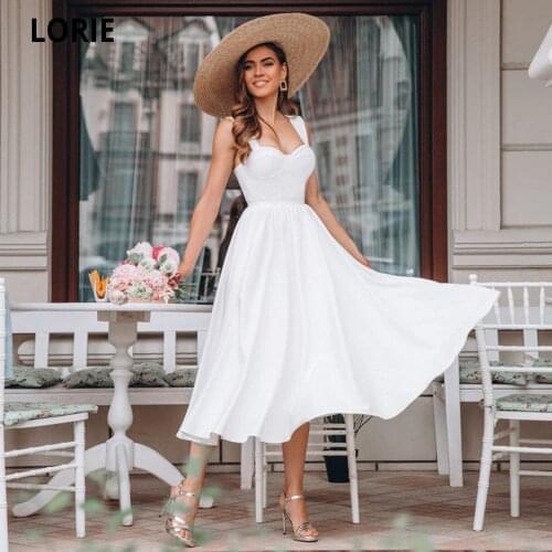 LORIE Simple White Tea-Length Wedding Dresses Short 2020 Satin A-line Bridal Gowns Open Back Princess Party Dress with Lacing