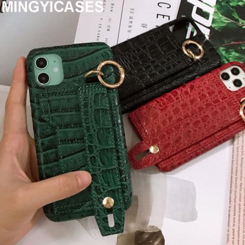 Luxury Crocodile PU+PC Hard Phone Cases for Iphone 11 Pro Xs Max Xr X 7 8 Plus SE 2020 Back Cover with Wrist Strap Card Slot Bag