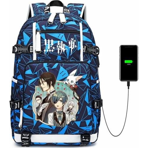 Backpack Anime Black Butler USB Canvas Charging Zip Casual School Bag Shoulder Bag Mochila Laptop Bag Travel Bag Rucksack