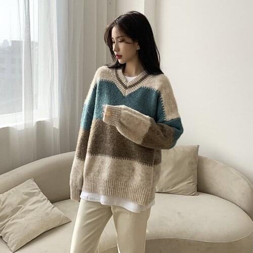 PEONFLY Autumn V Neck Sweater Women Vintage Jumper Knitted Striped Sweaters For Women Harajuku Sweater Pullover Winter Warm