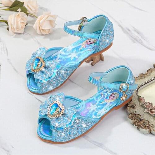 Disney Girls Shoes With Bowtie Cartoon Frozen Elsa Girls Dance Dress Shoes Fashion Sandals Sequins Flat Shoe Pink Blue