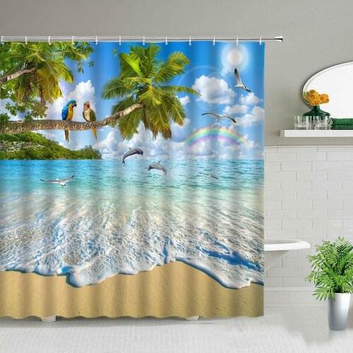 Ocean Animal Beach Rainbow Parrot Dolphin Palm Tree Sea Scenery Shower Curtain Bath Screen Waterproof Fabric Bathroom Curtains