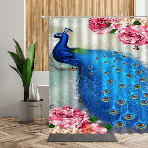 Chinese Style Birds Shower Curtain Set Blue Peacocks Bathroom Decoration Printed Bedroom Wall Decor Bath Fabric Hanging Curtains