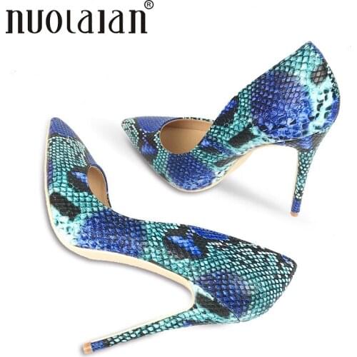 2019 Brand fashion Women Shoes Blue Snake Printed Woman Shoes Sexy Stilettos High Heels 12cm Pointed Toe Women Pumps