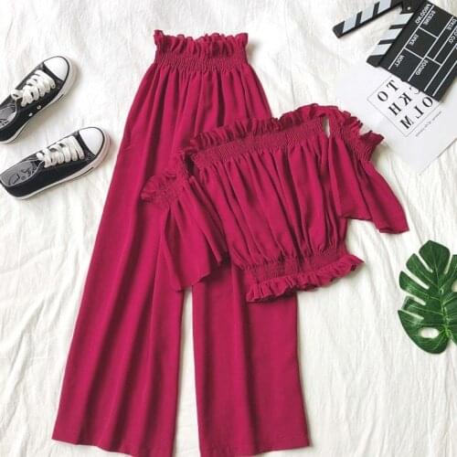 Summer Clothes Elegant Pants 2 Pcs/Set Slash Neck Ruched T Shirt + Elastic Waist Long Pants Office Lady Two Piece Sets Z05