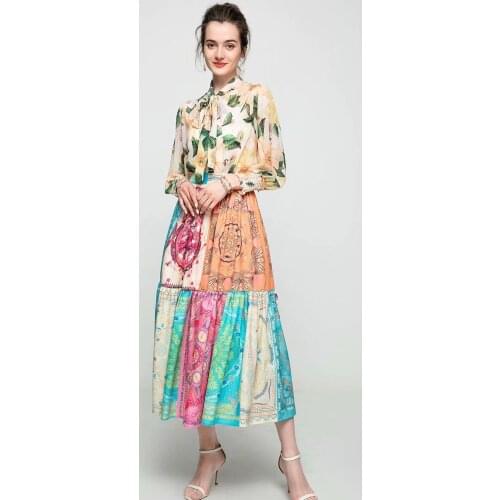 Yellow flower printed bow tie tie floral blouse + big skirt fashion suit 2021 summer womens beach skirt