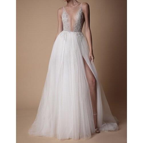 SSYFashion New Evening Dress Sexy Deep V-neck Backless High-split Lace Appliques Sequins Beach Long Party Formal Gowns Custom