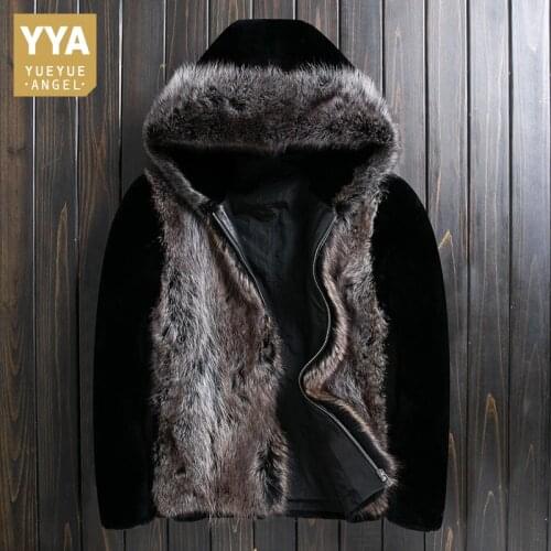 Winter Warm Men Natural Fur Jacket Spliced Shearling Raccoon Fur Short Hooded Coat Luxury Loose Casual Outwear Oversize 4XL