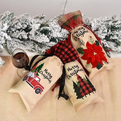 1P 36x15cm Christmas Flower Car Tree Pattern Wine Bottle Cover Linen Champagne Bottle Cover Bag Merry Christmas Party Decoration