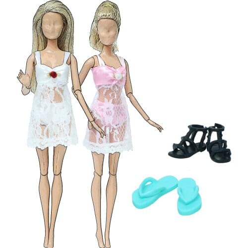 4 Pcs/Set High Quality Doll Outfit 2x Pajamas Pink Lace Underwear + 2x Doll Flat Slippers Shoes for Barbie Doll Accessories Toys
