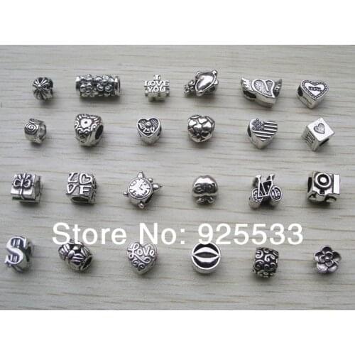 Free shipping 120pcs/lot antique silver plated metal beads mix styles fit European bracelet jewelry DIY