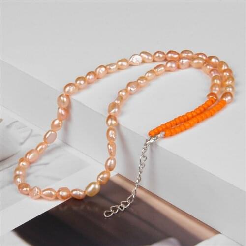 Elegant Pink Freshwater Pearl Chain Necklace Women Jewelry Natural Pearl Chocker Orange Necklace Female Wedding Jewelry Gift