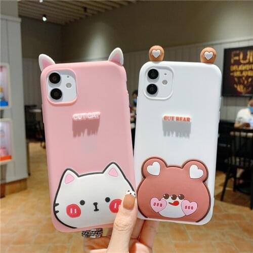 For Samsung S8 S9 S10 S20 S21 Plus Cute Cartoon Cat Bear Phone Case Galaxy Note9 10 20 Ultra Creative Fashion 3D Animal Cover