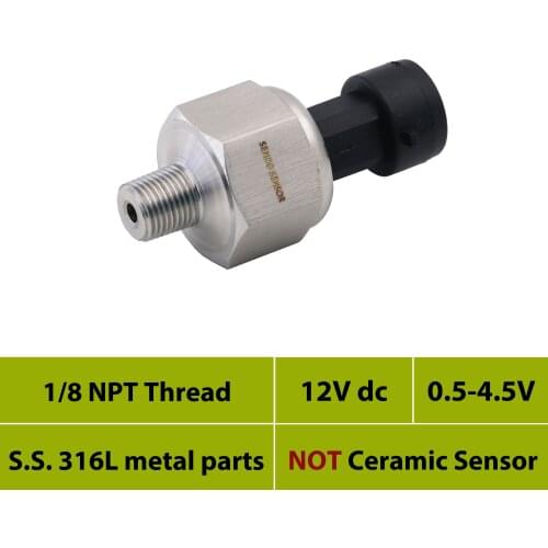 12V dc pressure sensor, 0.5 4.5V, optional gauge pressure 30, 50, 75psi, 0 to 15 psi, 10 bar, 12bar, 25bar, 1 8 NPT, water, oil