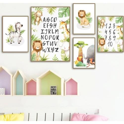 Baby Bedroom Forest Animals Wall Art Decoration Kid Room Wall Poster Print Lion Monkey Giraffe Letter Canvas Painting Child Gift