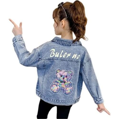 Denim Jacket for Girls Autumn Children Coat Cotton Clothes New Cartoon Bear Sequins Outerwear Sweet Kids Baby Girl Jacket 3-12y