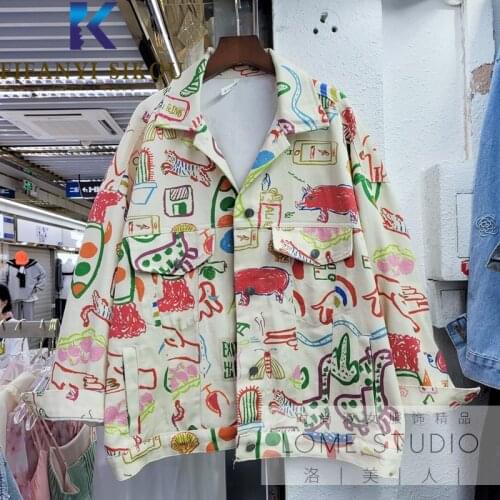 Jeans Jacket Women Streetwear 2021 Autumn New Cartoon Print Fashion Graffiti Denim Jackets Pocket Lapel Loose Jeans Coat Female