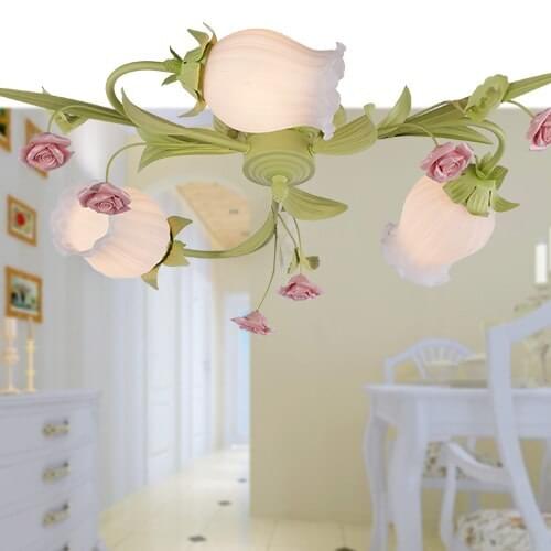 European-style garden living room Romantic Restaurants white wrought iron pink ceramic flowers glass lampshade Ceiling Lamp c125