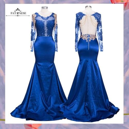 FATAPAESE BackLess Gold Lace Applique Mermaid Prom DressesSweetheart Sexy Formal Blue Evening Gowns O Neck vestido de festa