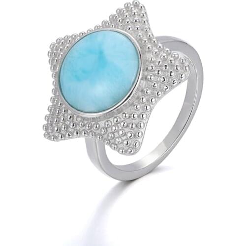 925 Sterling Silver Natural Stones Gemstones Larimar Big Ring Retro Design Classic Starfish Female Jewelry for Women Dating