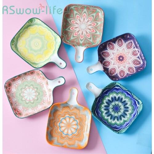 Bohemian Style Single Handle Square Baking Tray Creative Ceramic Plate Household Dishes For Kitchen Utensils