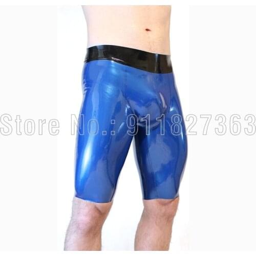 100% Handmade Latex Pants For Man Cycling Shorts Mens Latex Underwear Blue w Black Trim Short