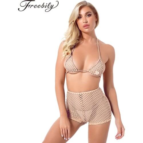 Summer Women Casual Yoga Set See-through Net Sport Workout Suit Halter Neck Bras Tops and High Waist Shorts Exotic Lingerie Sets