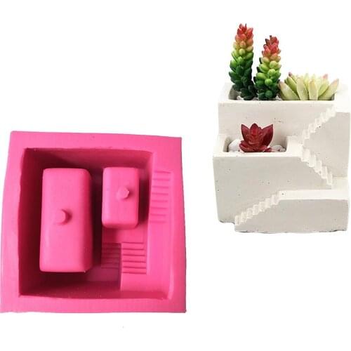 Small House Stairs Shaped Cement Pots Silicone Mold DIY Handmade Nordic Style Stair Type Flower Vase Making Mold Clay Craft Tool