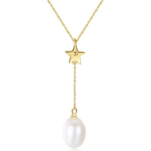 MetJakt S925 Sterling Silver Freshwater Pearl Five-Pointed Star Fashion Simple Womens Clavicle Chain