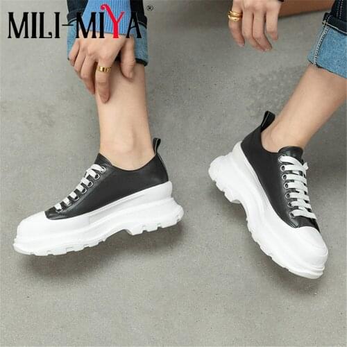 MILI-MIYA New Arrival Women Cow Leather Sneakers Flat With Lace-Up Round Toe Fashion Street Shoes For Ladies Size 34-40