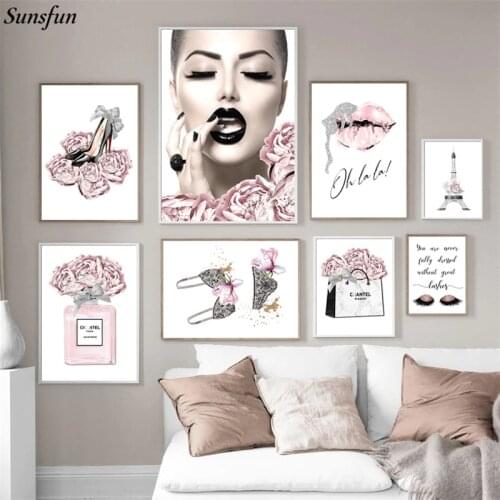 Fashion Perfume Bottle Poster Pink Flower Lady Black Lips Makeup Art Wall Picture Modern Print Canvas Girl Room Home Decor