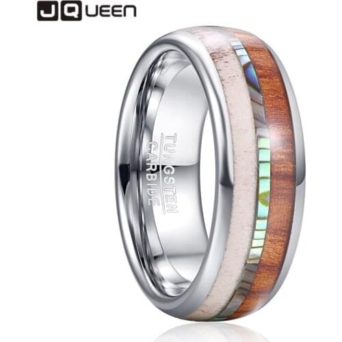 BONLAVIE Inlaid Antlers and Abalone Shell Wood Steel Color 8mm Tungsten Steel Ring Carbon Engagement Rings Men Jewellery