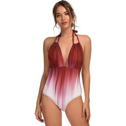 New 2021 Sexy One Piece Swimsuit Female Backless Bodysuit Deep V Swimwear Women Bathing Suit Halter Bather Gradient Red Monokini