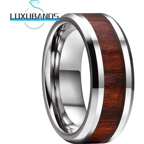 Wedding Bands For Men Women 8MM Beveled Edges Wood Inlay Tungsten Carbide Engagement Rings Polished Finished Comfort Fit